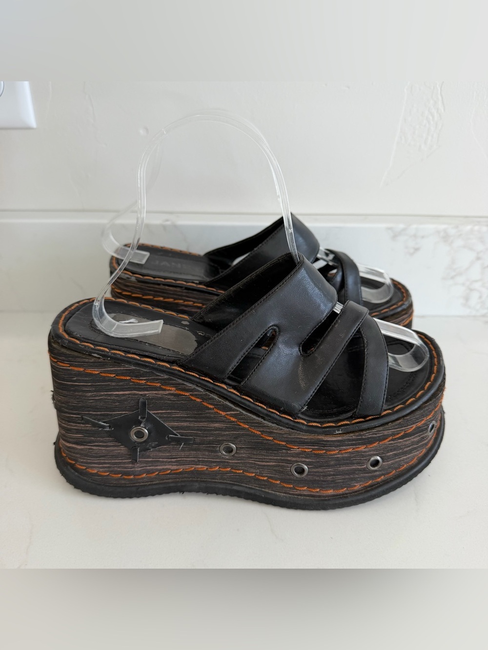 Vintage Jane C Chunky Wedge Sandals Gothic 90s Y2K Black Foam Faux Leather